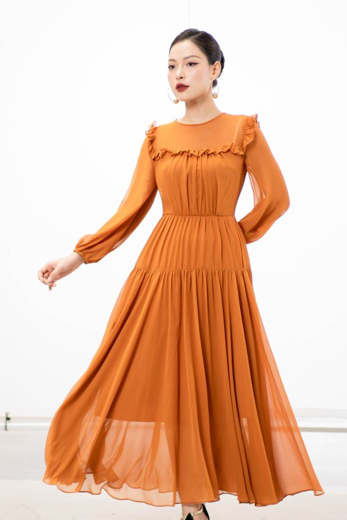 Sixdo Ochre Bishop Sleeves Midi Voile Dress